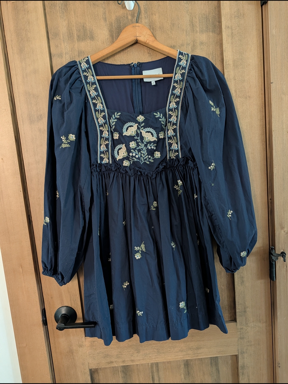 Navy Embroidered Long-Sleeve Kids Dress